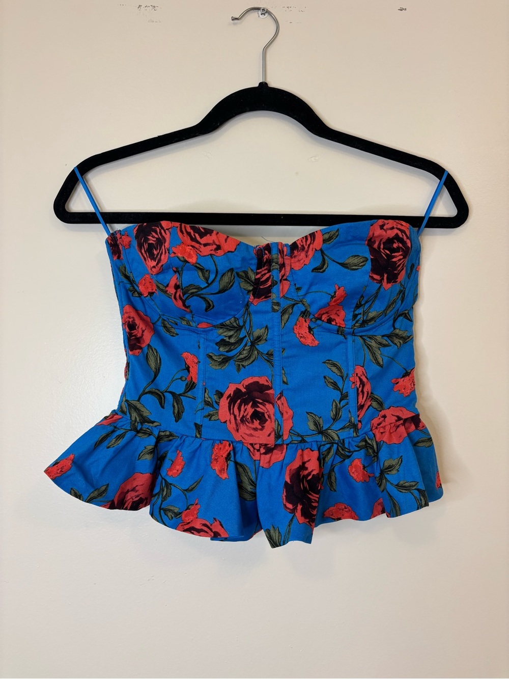 Vici Blue Floral Peplum Cami with Red Rose Print